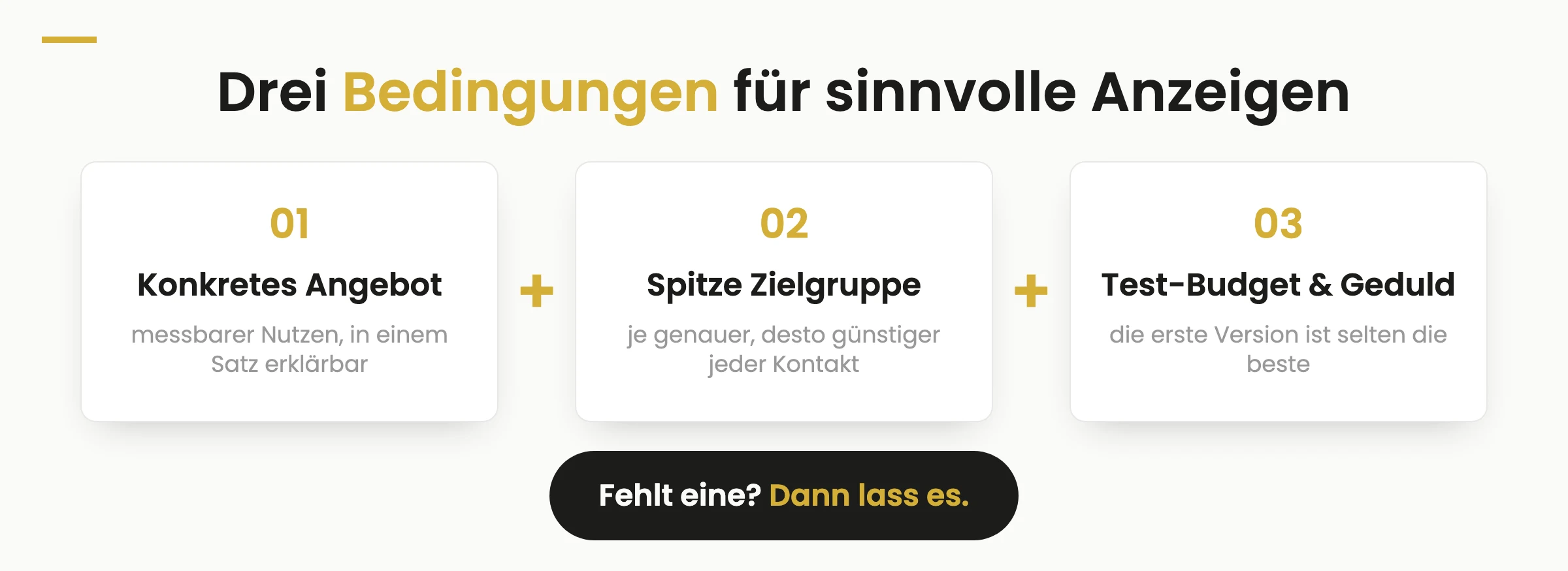 Drei Bedingungen für sinnvolle Anzeigen: konkretes Angebot, spitze Zielgruppe, Test-Budget und Geduld — fehlt eine, lass es