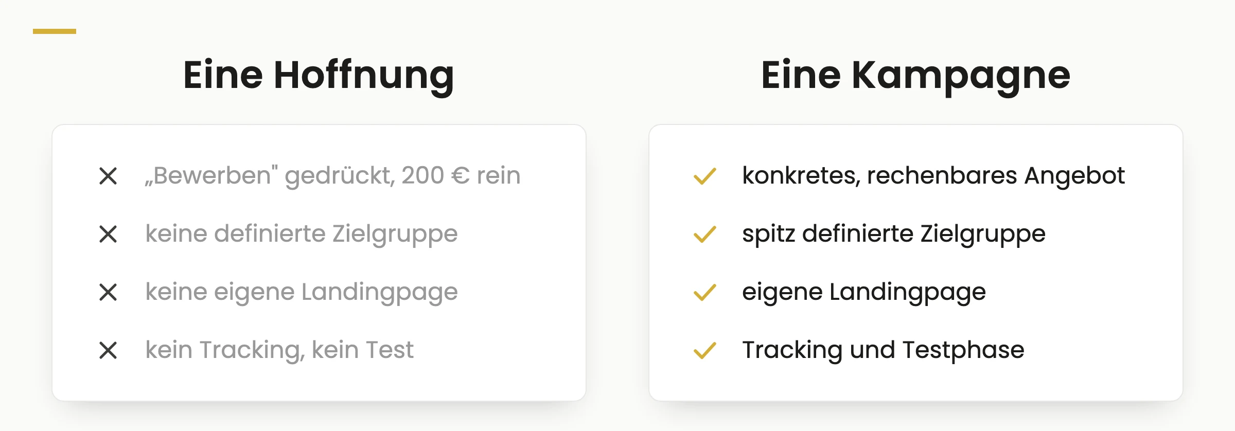Gegenüberstellung: Eine Hoffnung (Bewerben-Button, keine Zielgruppe, keine Landingpage, kein Tracking) gegen eine Kampagne (konkretes Angebot, spitze Zielgruppe, eigene Landingpage, Tracking und Testphase)