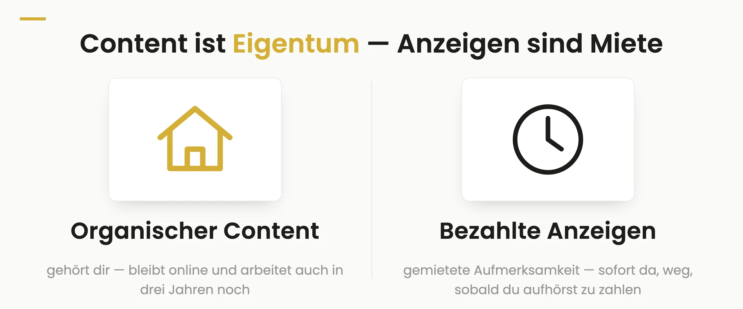 Gegenüberstellung: Organischer Content ist Eigentum und arbeitet dauerhaft für dich — bezahlte Anzeigen sind gemietete Aufmerksamkeit, die endet, sobald du aufhörst zu zahlen