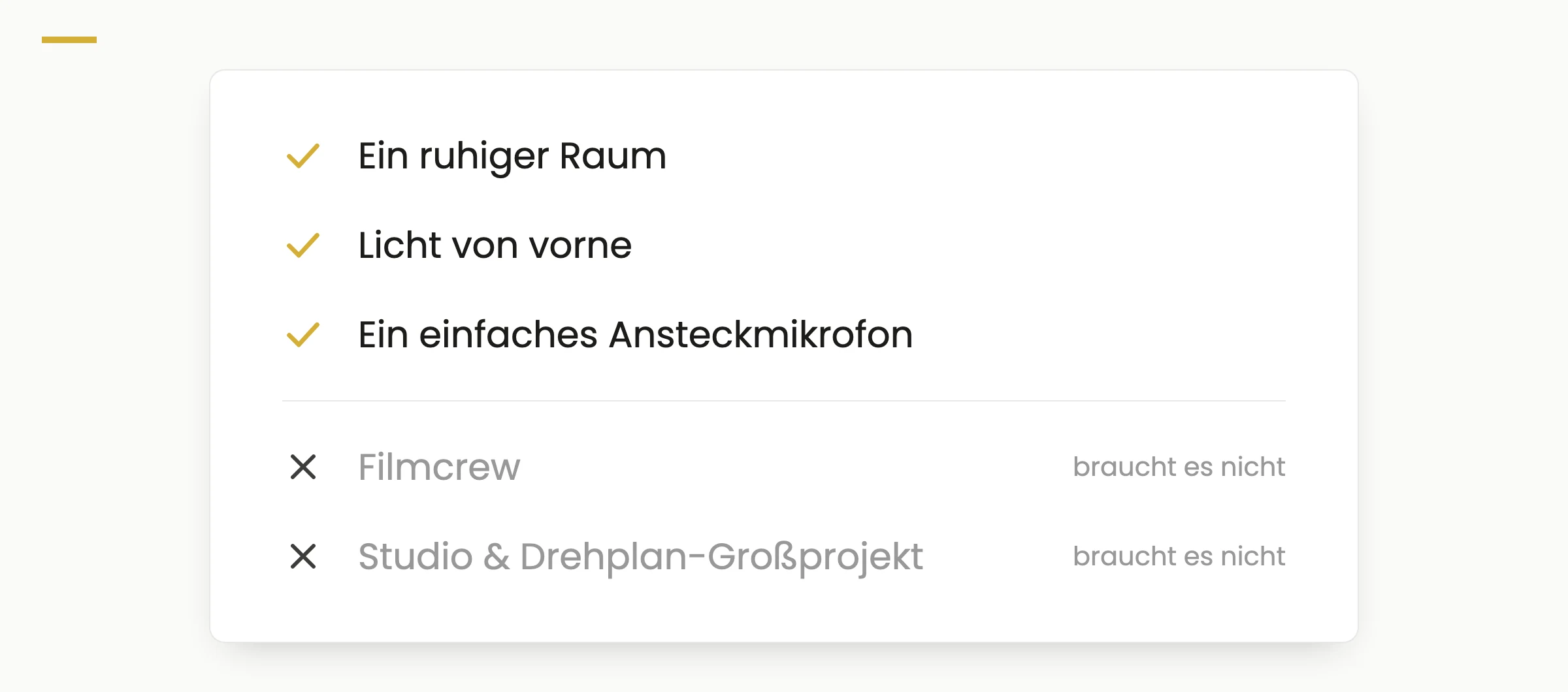 Checkliste fürs Setup: ruhiger Raum, Licht von vorne und ein einfaches Ansteckmikrofon reichen — Filmcrew und Studio braucht es nicht