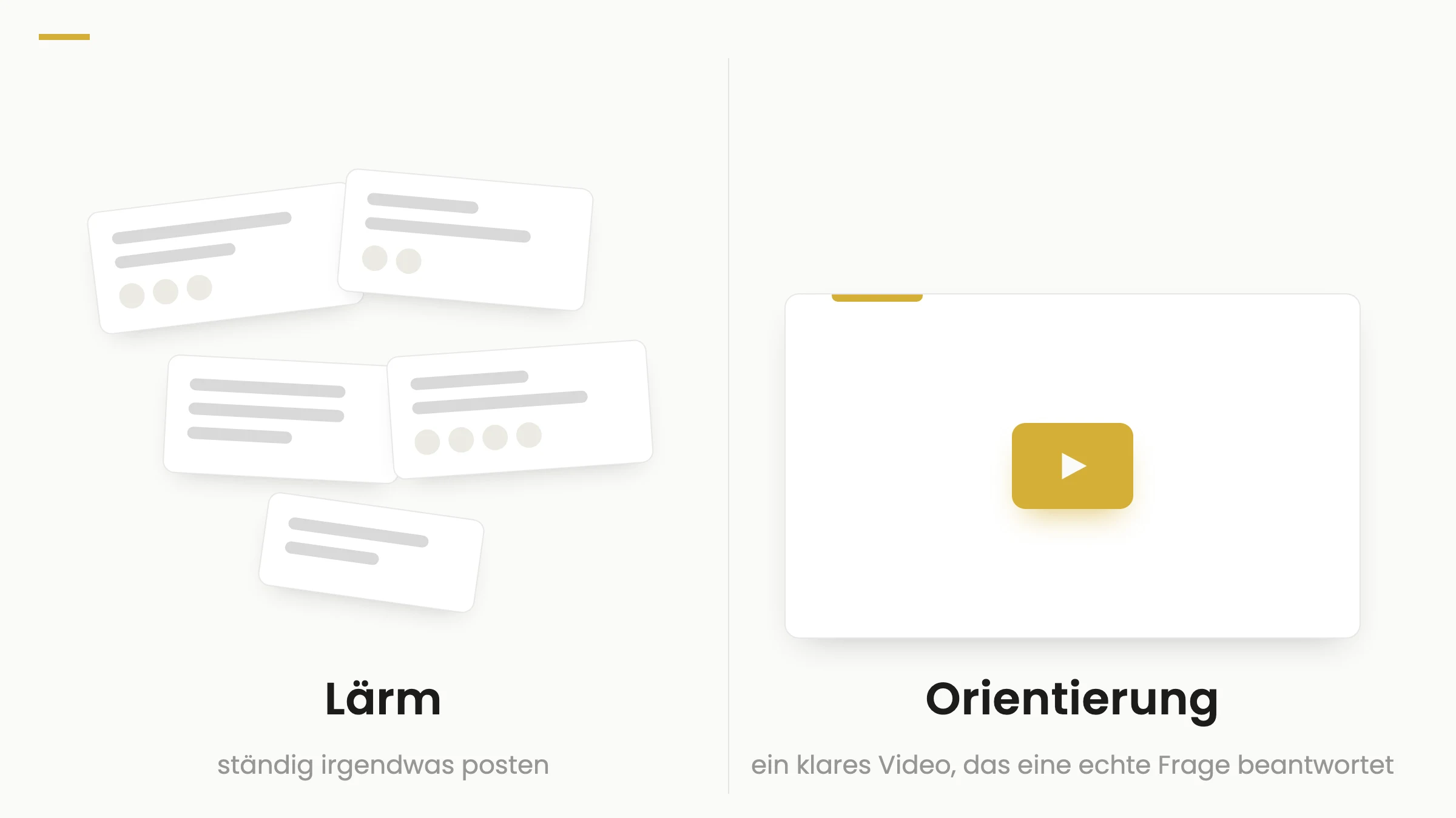 Gegenüberstellung Lärm vs. Orientierung: links ein chaotischer Social-Media-Feed, rechts ein einzelnes klares Video