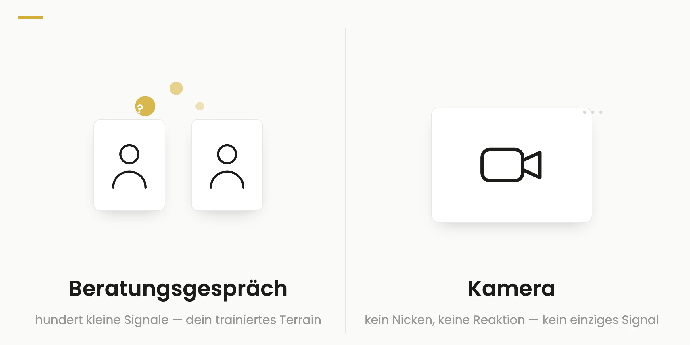 Gegenüberstellung: Im Beratungsgespräch steuern hundert kleine Signale das Gespräch, die Kamera gibt kein einziges Signal zurück