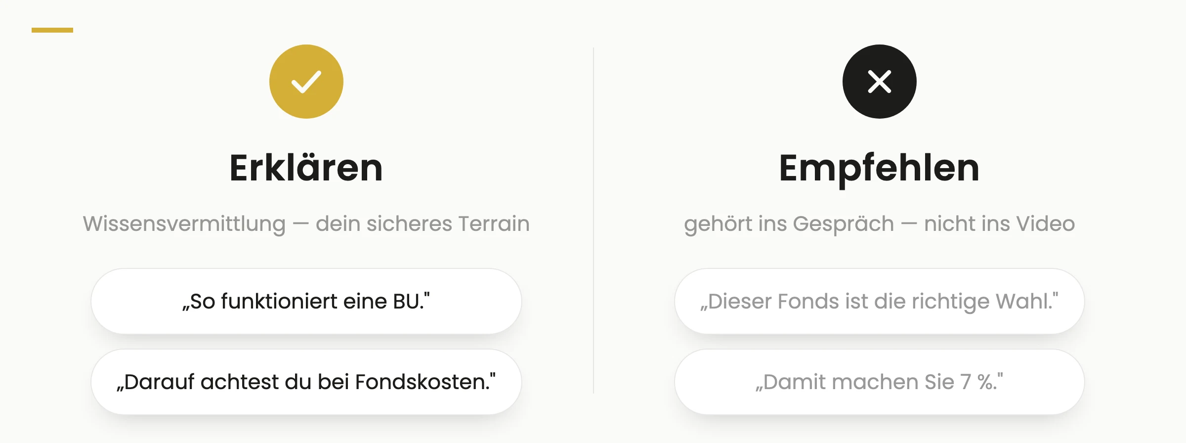Gegenüberstellung: Erklären ist Wissensvermittlung und sicheres Terrain — Empfehlen und Versprechen gehören ins Beratungsgespräch, nicht ins Video